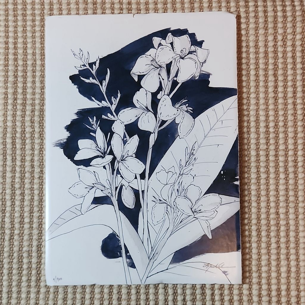 MadNeil Drawing & Illustration 15x21in White Navy Blue Floral Art Signed Print